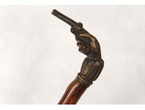 Cane old metal pommel hand gun ancient XIX thorny wood duck