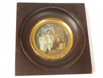 Miniature hand painted scene naughty frame blackened nineteenth century