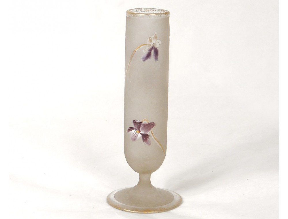 Small vase enamelled glass vase frosted flower Montjoye Art Nouveau XIXth