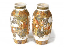 Pair of porcelain vases Satsuma Japanese characters garden gilding nineteenth