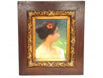 Pastel young woman portrait profile Albert Dagnaux poppy flower nineteenth