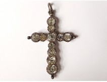 Croix pendentif bijou argent massif strass XIXème siècle