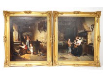 Pair HST children inside J.Martin scene farm animals nineteenth century