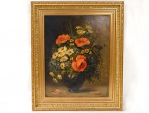 HST table still life bouquet flower vase Gérard frame gilded painting 19th