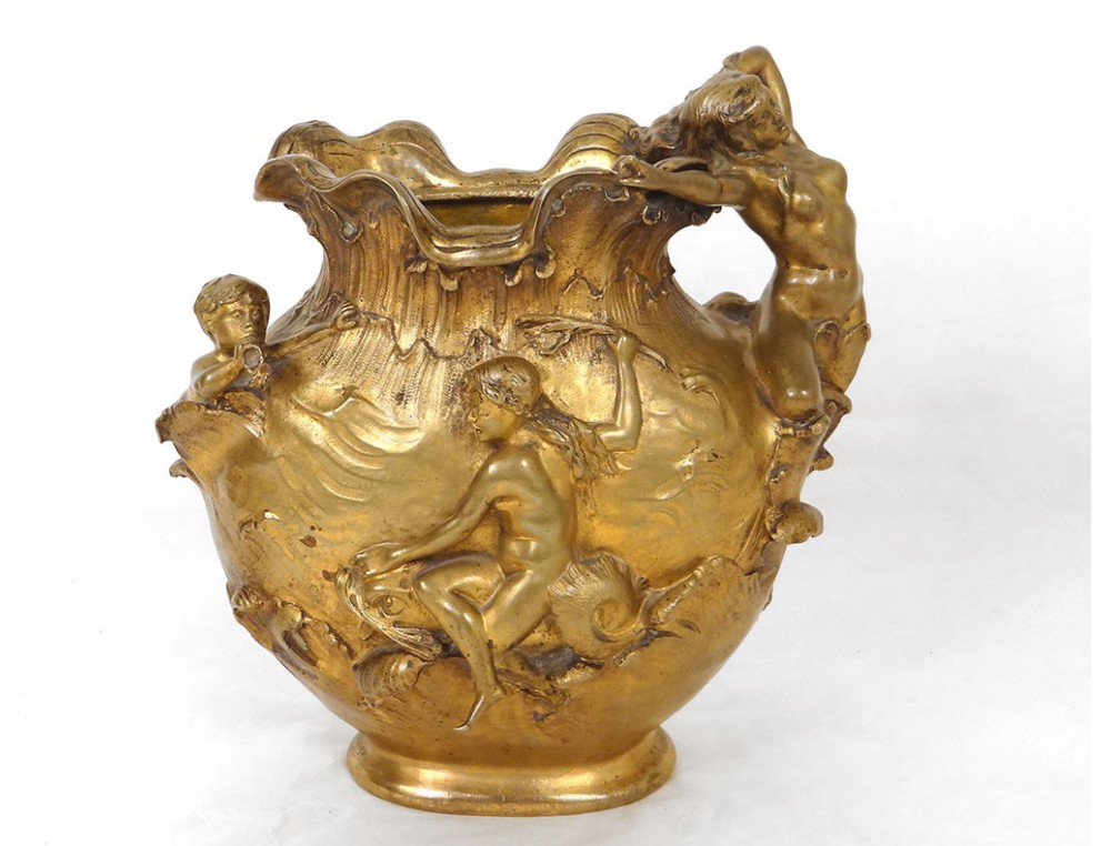 Henri Huppe Vase Gilt Bronze Nymphs Naked Women Triton Art Nouveau Xixth