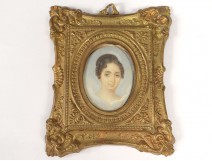 painted miniature brass frame young woman painting XIX century portrait