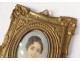 painted miniature brass frame young woman painting XIX century portrait