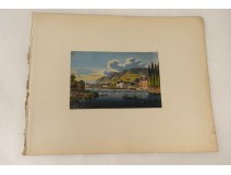 Gouache landscape Rhine Germany Rhineland town bridge boat 19th characters