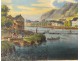 Gouache landscape Rhine Germany Rhineland town bridge boat 19th characters