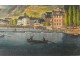 Gouache landscape Rhine Germany Rhineland town bridge boat 19th characters