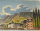 Gouache landscape Rhine Germany Rhineland town bridge boat 19th characters