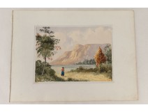 Gouache landscape mountains pond landscape character XIX century painting