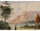 Gouache landscape mountains pond landscape character XIX century painting