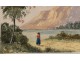 Gouache landscape mountains pond landscape character XIX century painting