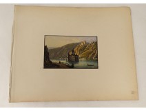 Gouache view castle Pfalzgrafenstein Kaub Rhine Germany Falkenau island nineteenth