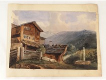 Gouache mountain landscape cottage fountain landscape painting XIX century