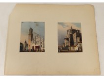 2 marble campanile church gouaches Tuscany Florence Italy 19th characters