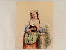 Gouache young woman Communion rosary cross nineteenth century portrait