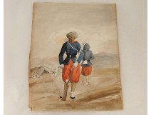 Aquarelle orientaliste personnages spahis soldat marocain algériens XIXème