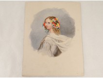 Watercolor portrait elegant young woman lace dress flowers nineteenth century