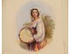 Watercolor Orientalist young woman portrait Maghreb tambourine nineteenth century