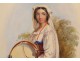 Watercolor Orientalist young woman portrait Maghreb tambourine nineteenth century