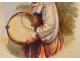 Watercolor Orientalist young woman portrait Maghreb tambourine nineteenth century