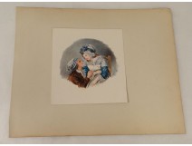 Watercolor couple man kneeling portrait caps nineteenth century