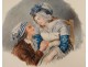 Watercolor couple man kneeling portrait caps nineteenth century