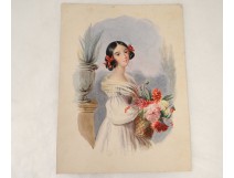 Watercolor portrait woman nodes baskets flowers nineteenth century plant