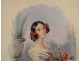 Watercolor portrait woman nodes baskets flowers nineteenth century plant