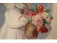 Watercolor portrait woman nodes baskets flowers nineteenth century plant