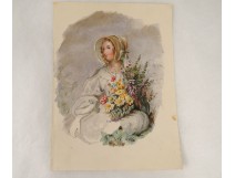 Watercolor portrait bouquet flowers nineteenth century dress headdress