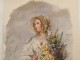 Watercolor portrait bouquet flowers nineteenth century dress headdress