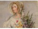 Watercolor portrait bouquet flowers nineteenth century dress headdress