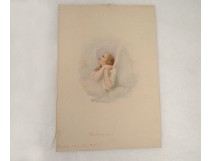 Watercolor portrait religious woman praying angel wings nineteenth century