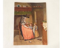 Watercolor scene inside children woman shoe nineteenth century cherries