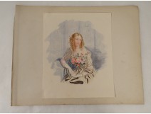 Watercolor elegant young woman receiving flowers gloves nineteenth century