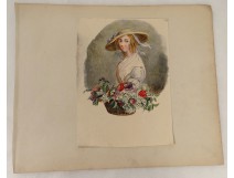 Watercolor elegant young woman flower basket nineteenth century hat