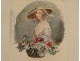 Watercolor elegant young woman flower basket nineteenth century hat