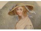 Watercolor elegant young woman flower basket nineteenth century hat