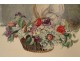 Watercolor elegant young woman flower basket nineteenth century hat