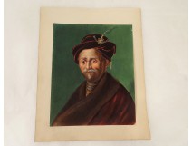 Russian fur hat man portrait gouache XIXth century fur coat