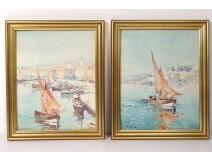 Marseille port 2 watercolors for boats Marius Hubert-Robert South France XXth