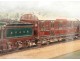 Gouache painting locomotive steam train wagons twentieth century landscape