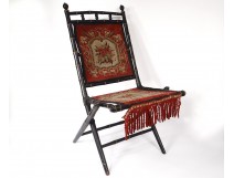 Wooden folding chair blackened bamboo tapestry flowers Napoleon III nineteenth