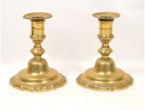 Pair of candlesticks Louis XV gilt bronze crowned Leuchter 19th C