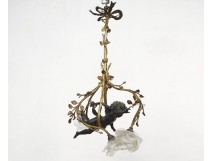 Golden brass chandelier 3 light arms cherub branches flowers nineteenth node