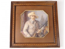 Miniature man painted portrait painting English hunter rifle Mahey XX