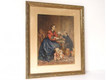 Watercolor portrait woman mother and children bourgeois globe F. Genaille nineteenth